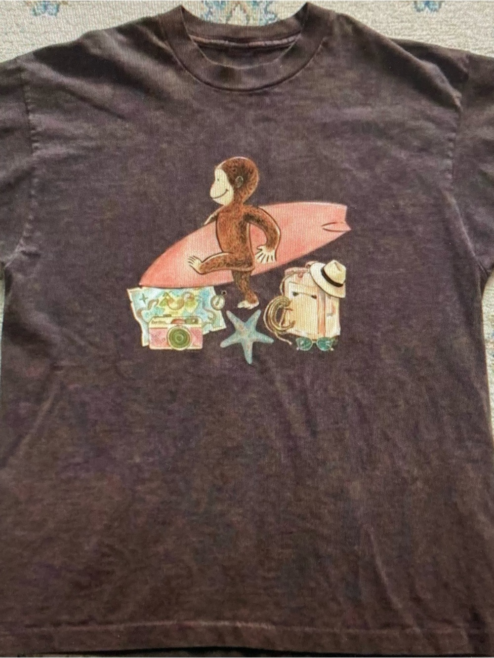 Novelty Surfing Monkey Graphic Tee - Brown with Pink Accent